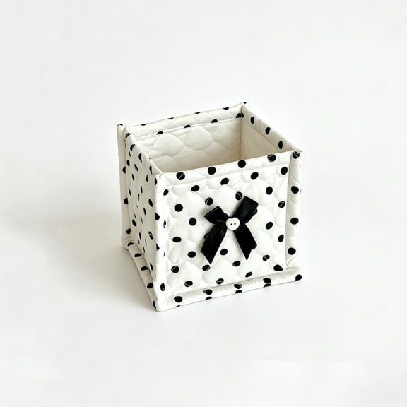 Black Polka Dot Storage Bin Quilted With Bow Decor For Desktop Organizer