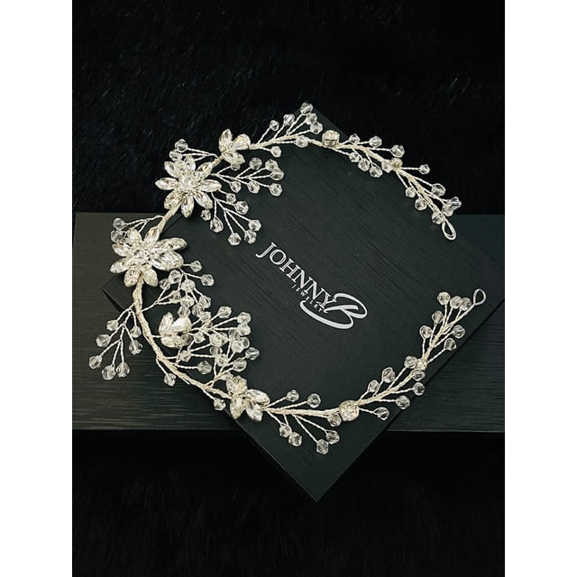 VERONICA - CRYSTAL FLOWERS WITH RHINESTONE SPRAYS HAIR PIECE IN SILVER