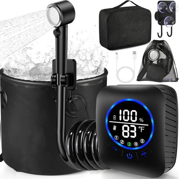 "Portable Shower for Camping, 8000mAh Rechargeable Camping Shower Pump with XL Foldable Bucket, IPX8 Waterproof, Surrounding Water Inlet