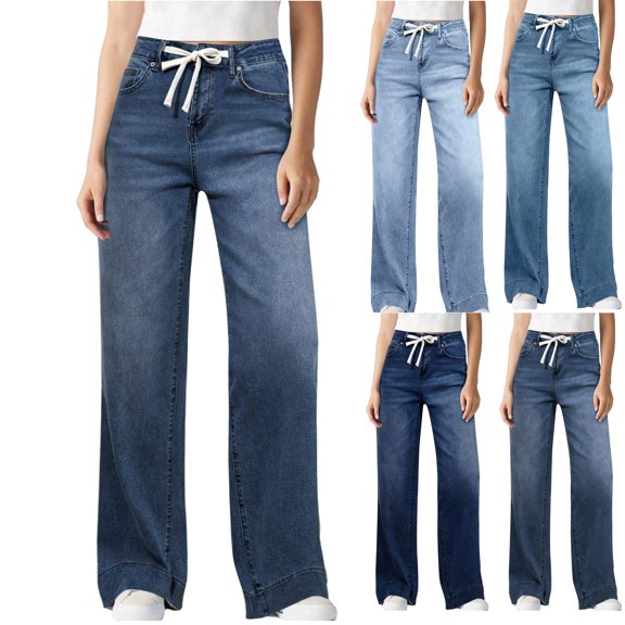 Iyufng Women's Drawstring Wide Leg Jeans Loose Fit Straight Jeans