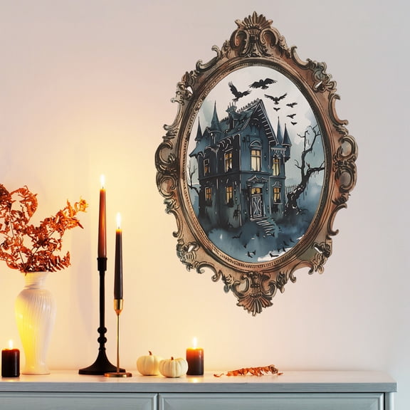 Halloween Wall Decor Vintage Framed Haunted Mansion Castle Sticker Spooky Gothic Wall Art for Halloween Party Home Indoor Decoration