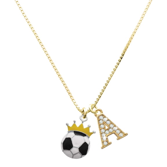 Delight Jewelry Silver-tone Soccer ball - Crown - Large Goldtone Crystal Initial - A - Charm Necklace, 17.5" 2"