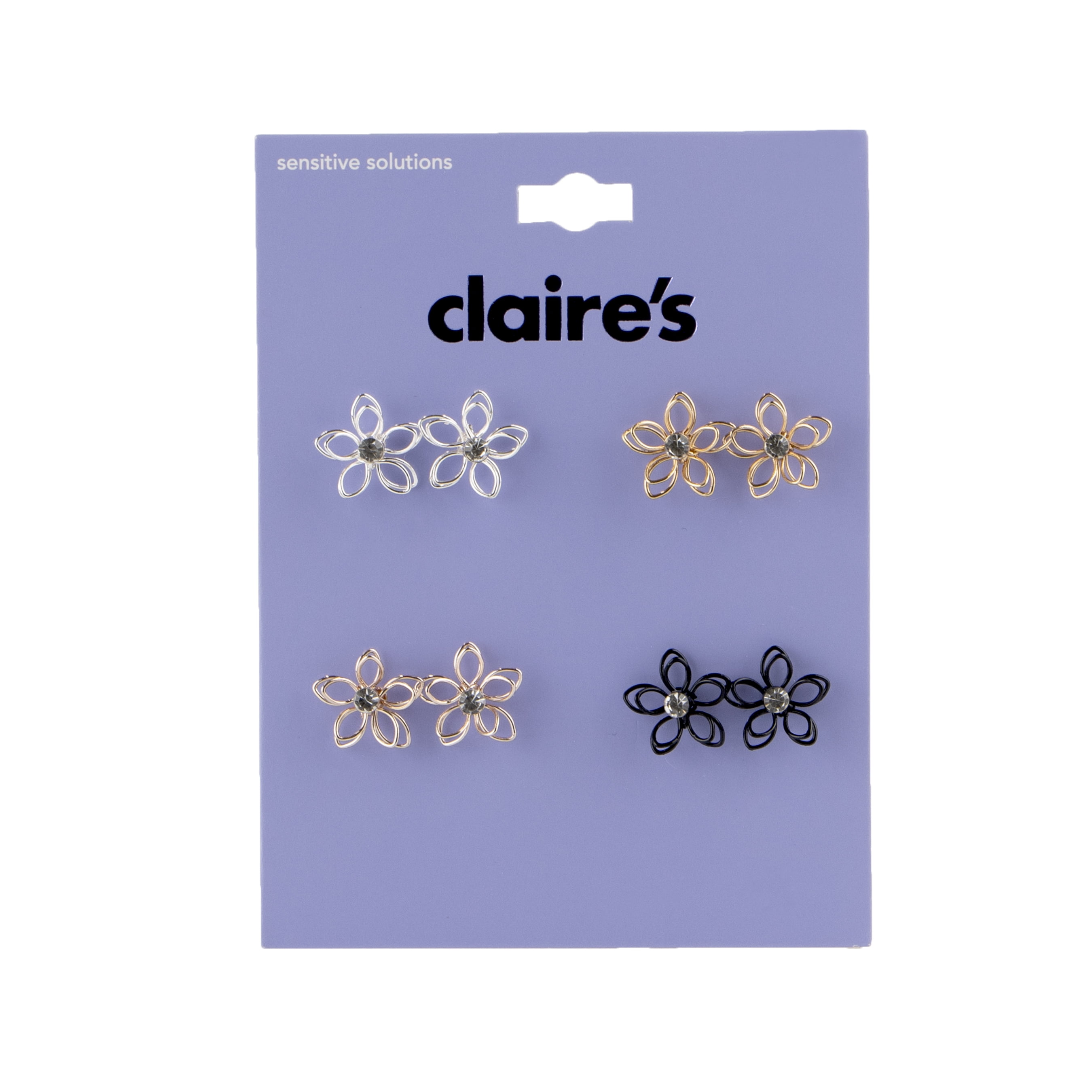 Claire's Teen Girls Metal Tone Flower Stud Earring Set, 4-Pack, Sensitive Solutions