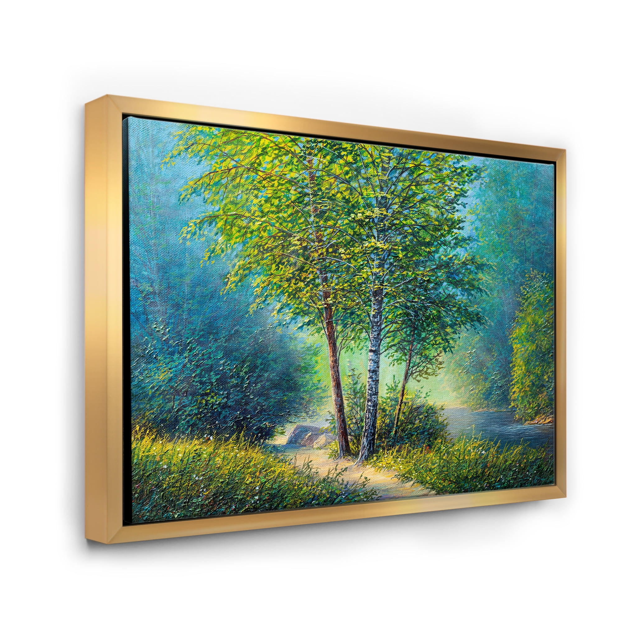 Designart 'Three Vibrant Green Trees By The River' Lake House Framed Canvas Wall Art Print