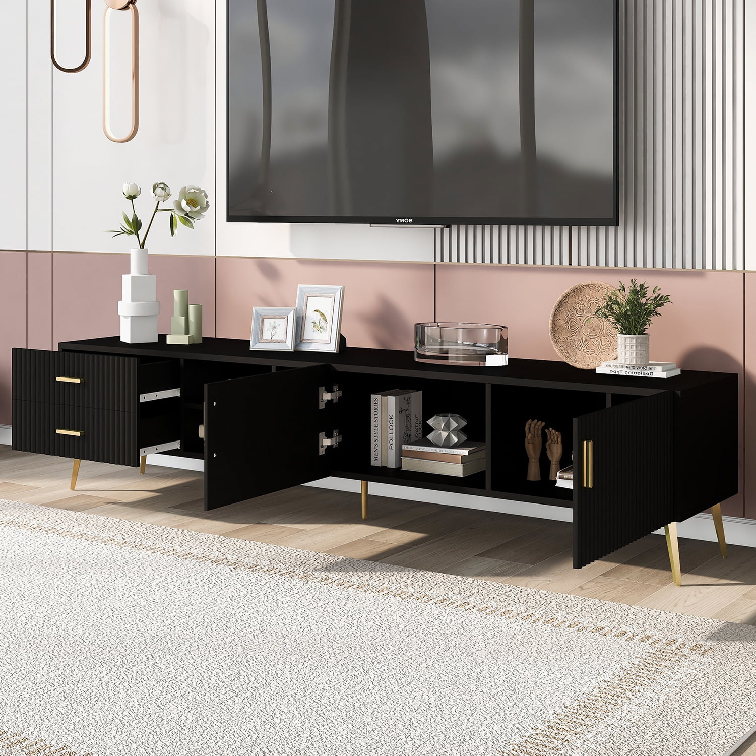 Kadyn Modern Entertainment Center, MDF TV Stand with 5 Champagne legs, Entertainment Center TV Console for TV up to 77", Black