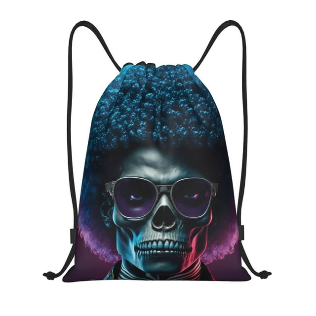 Xecao Punk Style Blue Haired Skull Pattern Sports Drawstring Backpack - String Swim Gym Bag with Wet Proof Pocket for Women&Men-Medium
