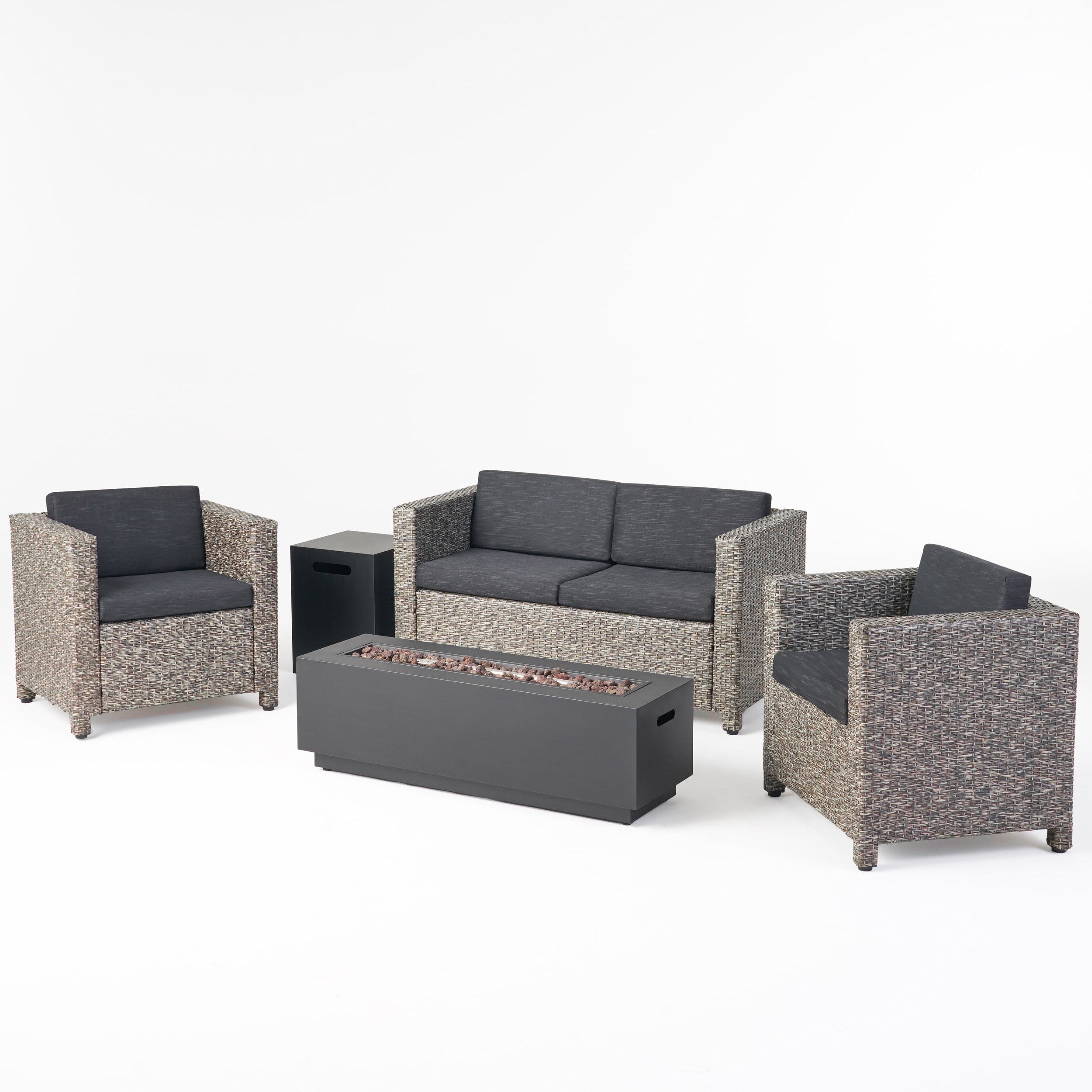 Qwynn Outdoor 4 Seater Wicker Chat Set with Fire Pit, Mix Black and Dark Gray