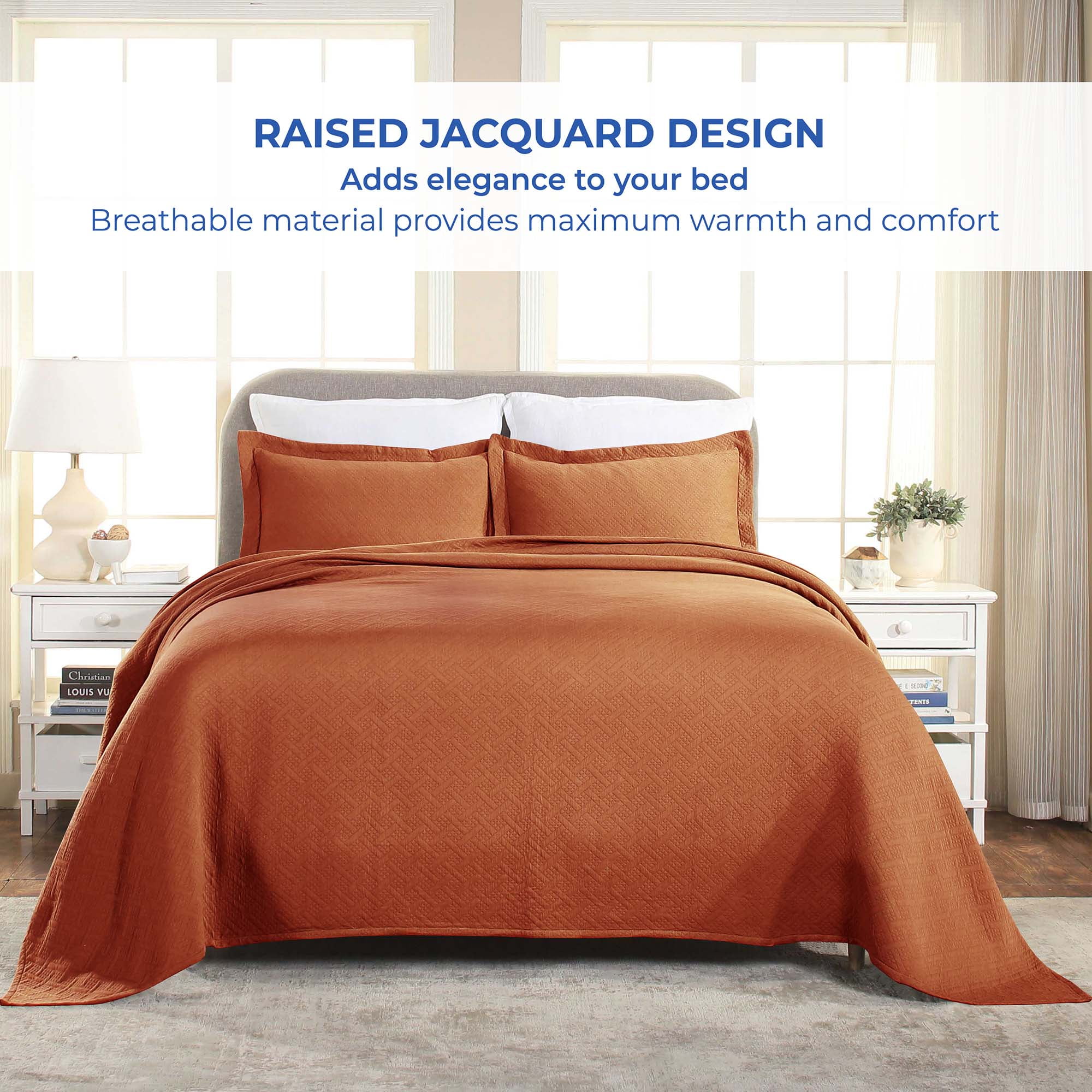 Superior Basket Weave 3 Piece Decorative Cotton Bedspread, Lightweight Bedding Set, Full Size, Mandarin