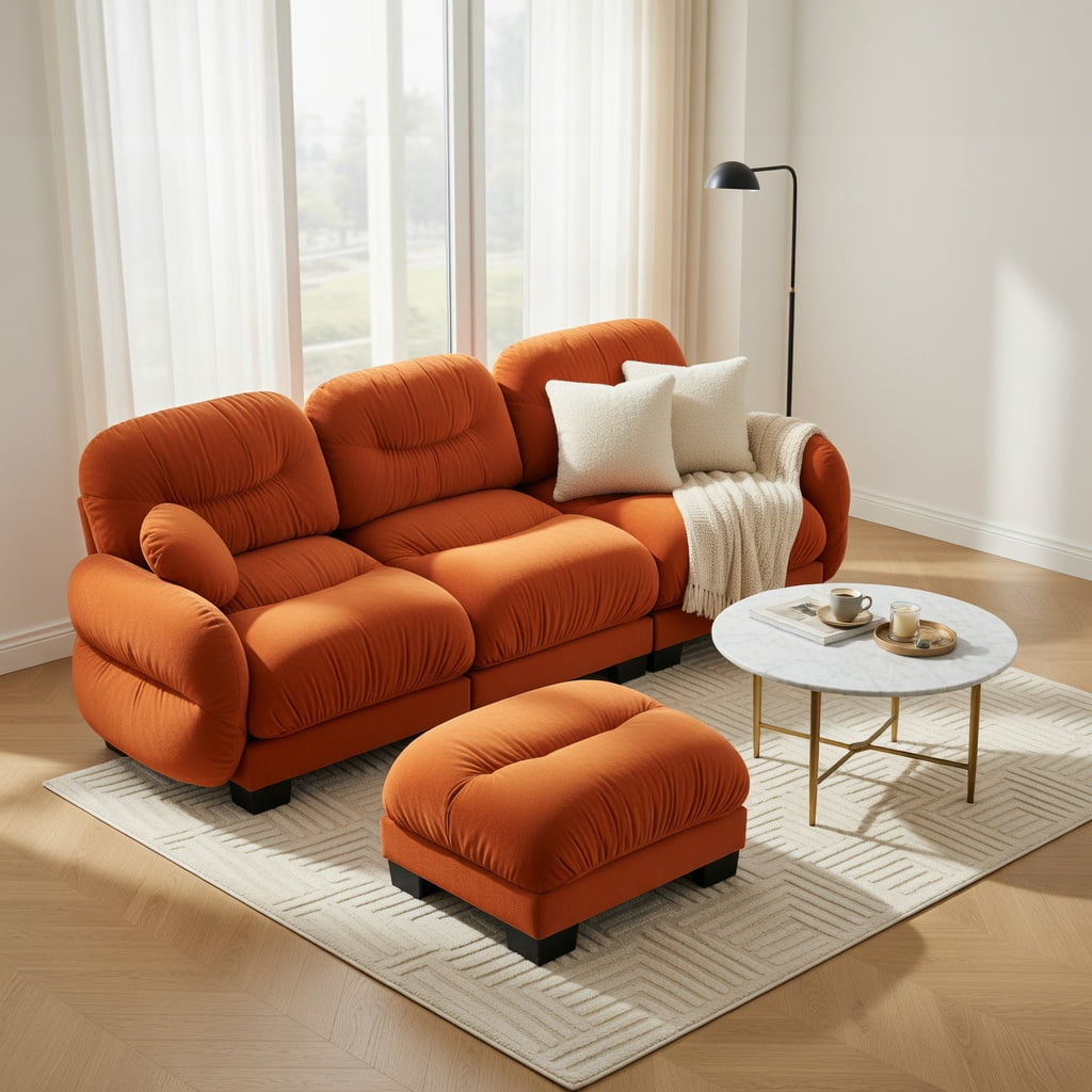 Hommoo Modern Chenille L-Shaped Modular Sectional Sofa with Ergonomic Foam, Curved Armrests, Ottoman & 2 Throw Pillows, 3-Seater Pleated Design, Orange