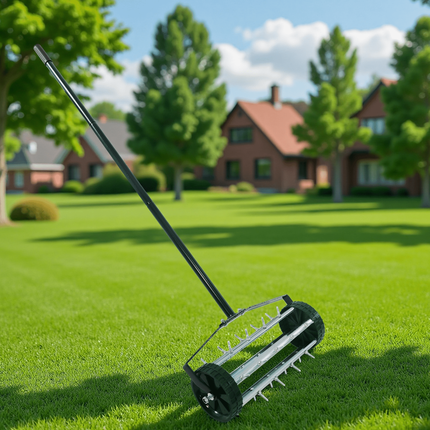 Heavy Duty Rolling Lawn Aerator, Rotary Push Tine Spike Soil Lawn Aerator Gardening Tool with 3-Piece Long Steel Handle for Garden Yard Grass Maintenance,Garden Yard Rotary Push
