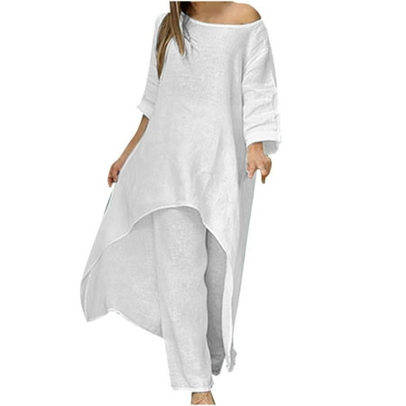 Mrat Linen Sets for Women 2 Piece Loose Suit Pants Two Piece Long Sleeve Irregular Long Hem and Wide Leg Pant Set S-59 White 3XL