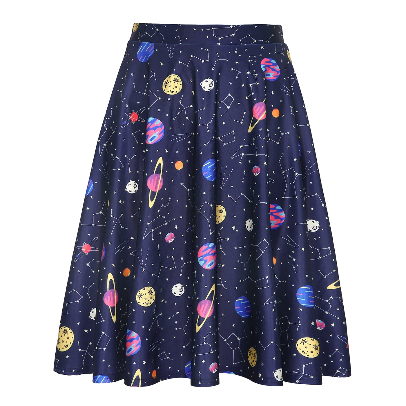 Ladies Blue Galaxy Planets Cosmos & Space Print Flared Skirt Size 8-22