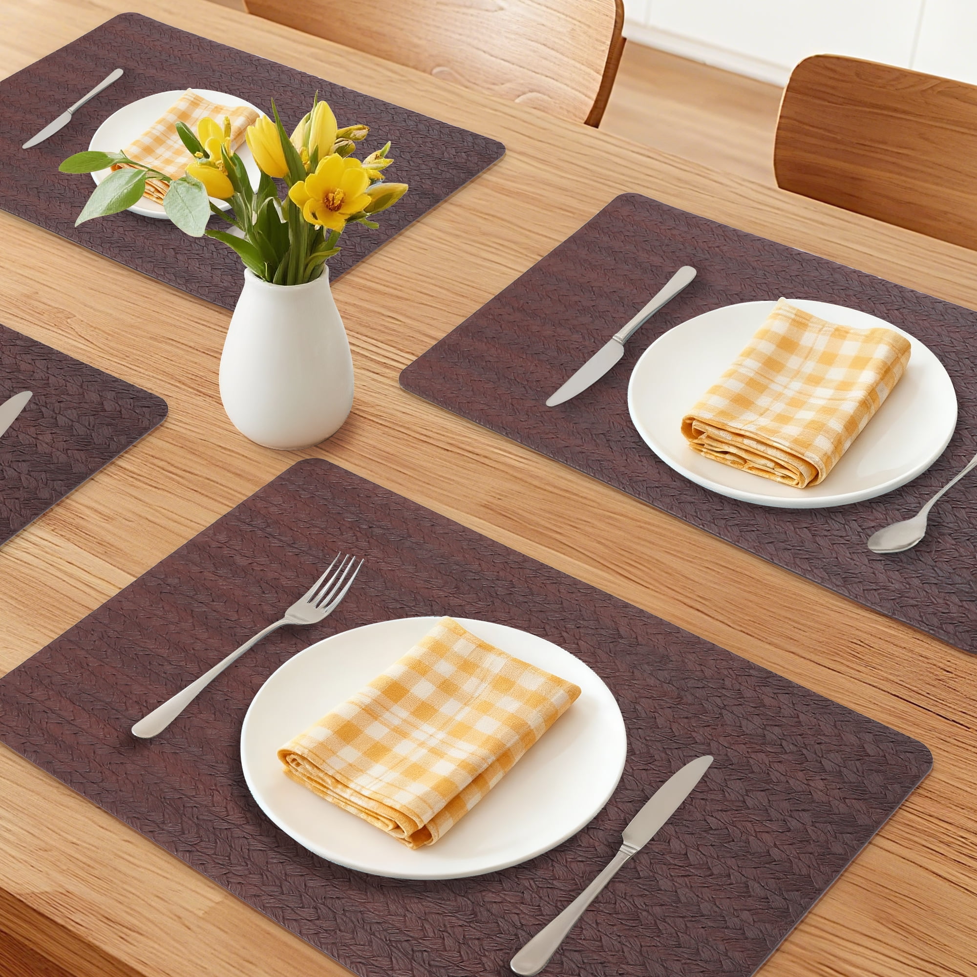Placemats Set of 6 Leather Placemats for Kitchen Dining Table Decor Table Placemats Imitation Weaving Table Mat Brown 17.7*11.8inch