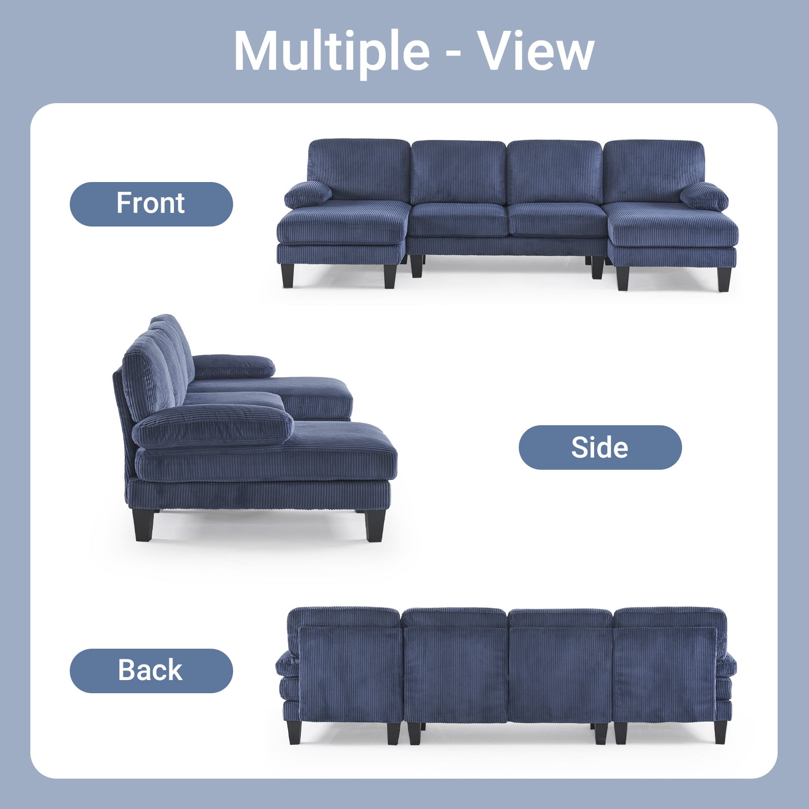 Ktaxon U-Shaped Sectional Sofa, 111"  Corduroy Couch, 4 Seat Lounge Sleeper with Double Chaise for Living Room Blue