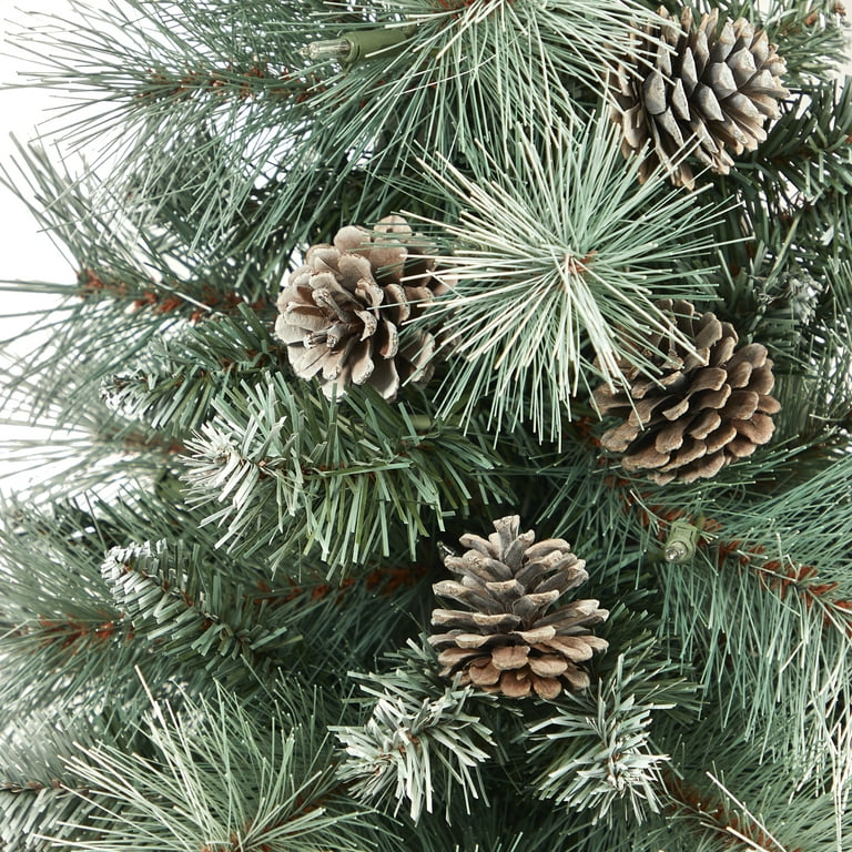 3.5ft. Frosted Tip British Columbia Mountain Pine Artificial Christmas Tree with 50 Clear Lights, Pine Cones and 112 Bendable Branches in Metal