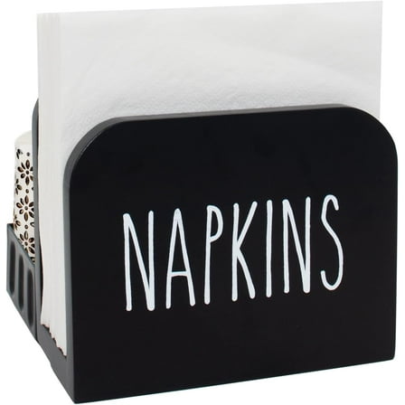 Arikago Rustic Napkin Holder Salt and Pepper Shakers Holder, Farmhouse All-in-One Solid Real Wood and Metal Napkin Caddy with Non-Slip Base for Tables, Kitchen, Black