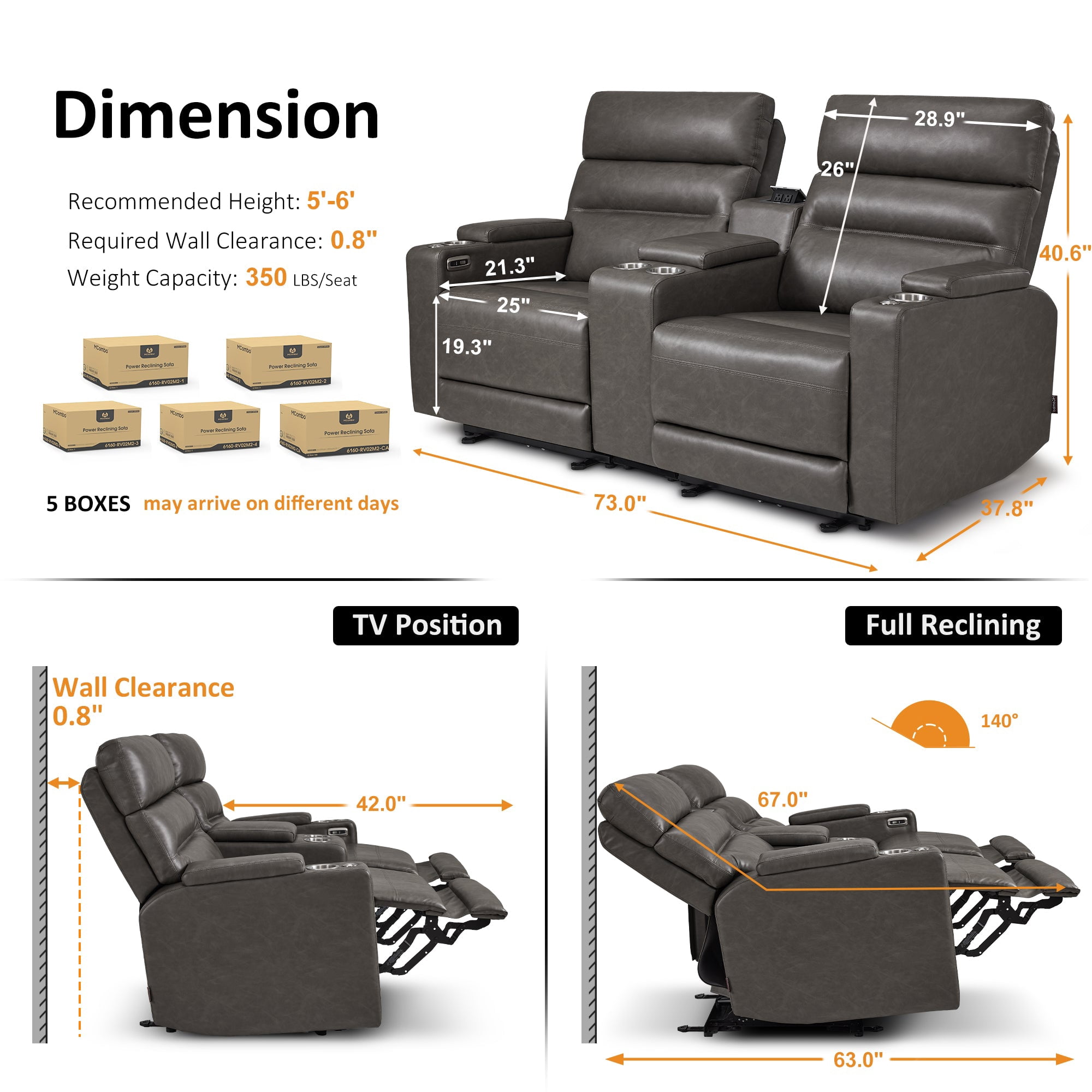 MCombo 73" Wall Hugger Power Loveseat Recliner with Console for Small Spaces, RV, 360° Swivel Tray Table, Armrest Storage, Dark Grey