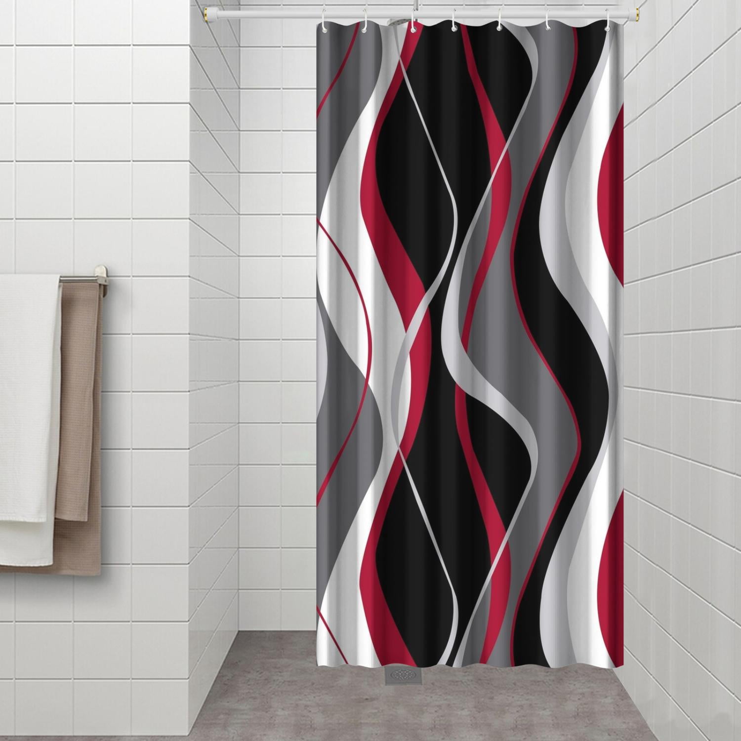 Black and Red Shower Curtain, Abstract Modern Grey and Red Bathroom Decor Accessories Funny Shower Curtain Set with Hooks, 36x72