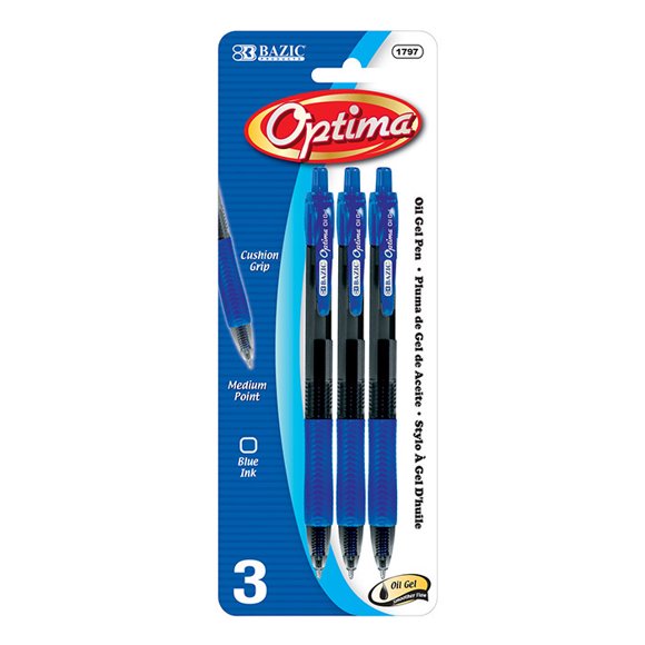 Bangkit USA Corporation BAZIC Optima Blue Oil-Gel Ink Retractable Pen w/ Grip (3/Pack)
