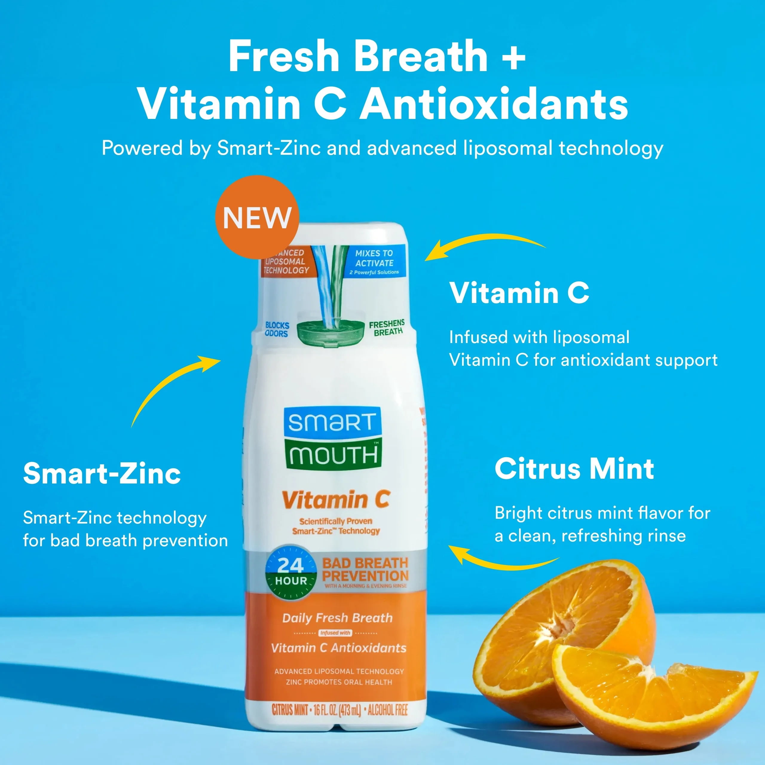 SmartMouth Advanced Liposomal Vitamin C Mouthwash - Vitamin C Antioxidants - Dual-Solution Zinc-Activated Mouthwash - Supports Oral Health - Citrus Mint Flavor - Alcohol Free - 16 fl oz Each, 2-Pack