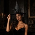 thumbnail image 4 of Halloween Witch Hat for Women, Black Lace Wizard Hat with Pumpkin Skeleton Rose Decor, Gothic Costume Accessory for Halloween Party Cosplay Carnival Dress Up, 4 of 5