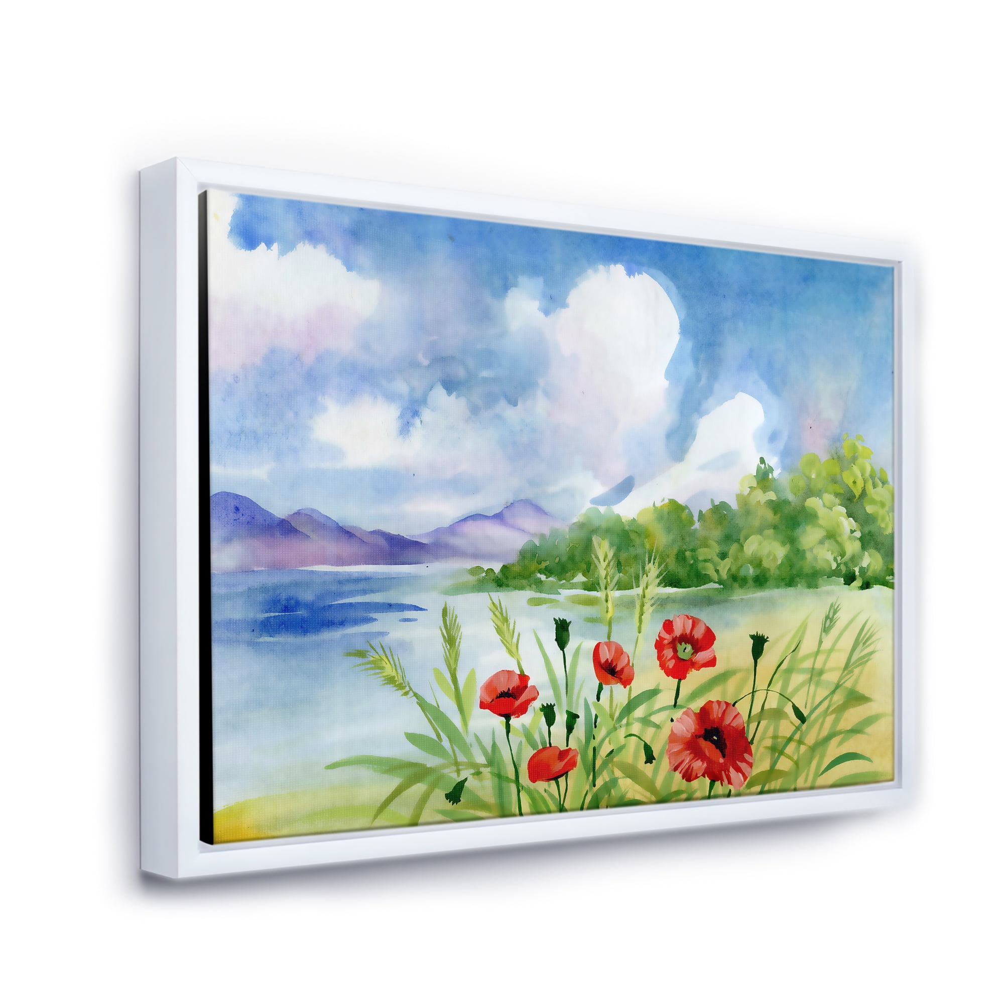 Designart 'Red Tulips On The Bank Near A River Mountain' Lake House Framed Canvas Wall Art Print