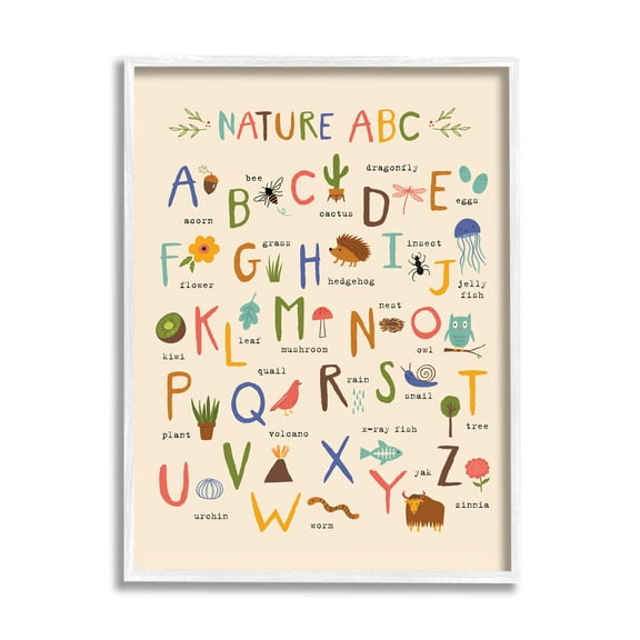 Stupell Industries Children's Nature ABC Diagram Adorable Animal Illustrations Graphic Art White Framed Art Print Wall Art, 16x20, by Nina Seven