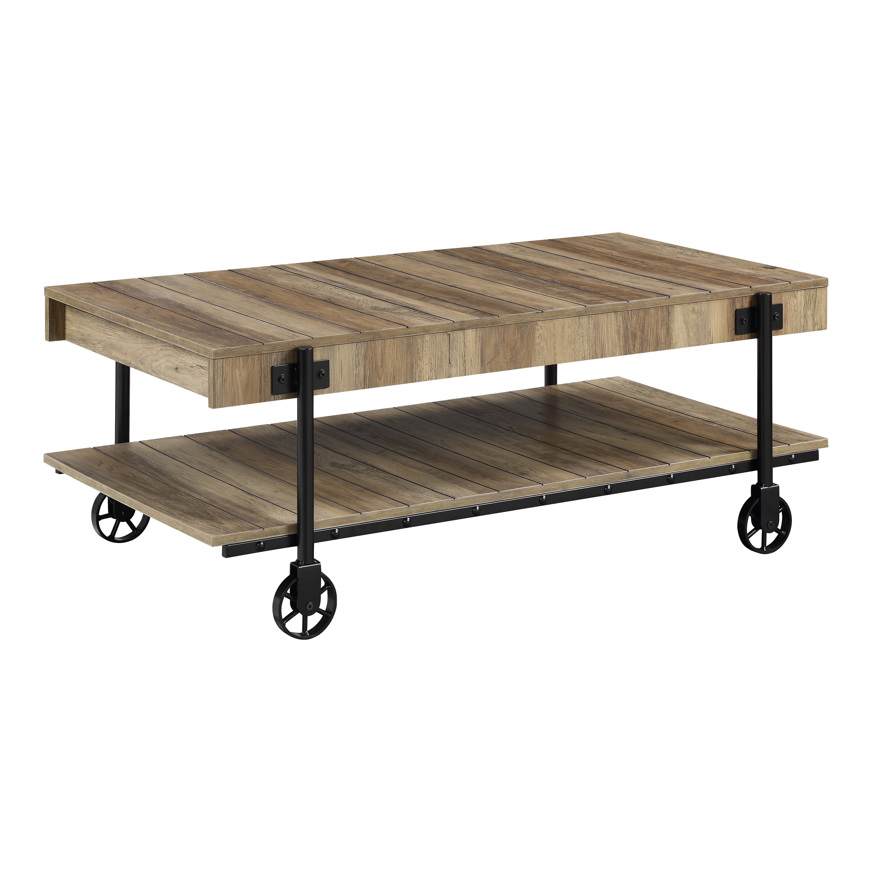 Furniture of America Russe 1-Shelf Wood Rustic Oak Coffee Table with Wheels