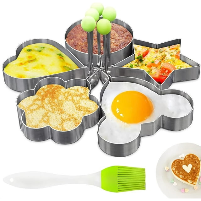 Egg Ring Molds for Cooking - 5Pcs Stainless Steel Ring Mold Egg Rings for Griddle Egg Rings - Heart, Flower, Star Egg Round Ring Set Mickey Mouse Kitchen Accessories Breakfast Kit Egg Molds for Frying