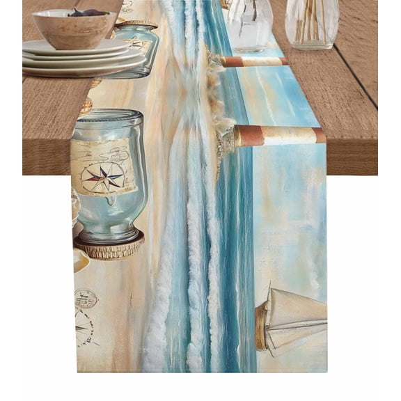 Hokiten Table Runners 48 Inches Long Dress Scarves, Coastal Nautical Farmhouse Kitchen/Dining Table Runner, Short Coffee Tablerunners, Summer Ocean Beach Wave Compass 13x48 Inch