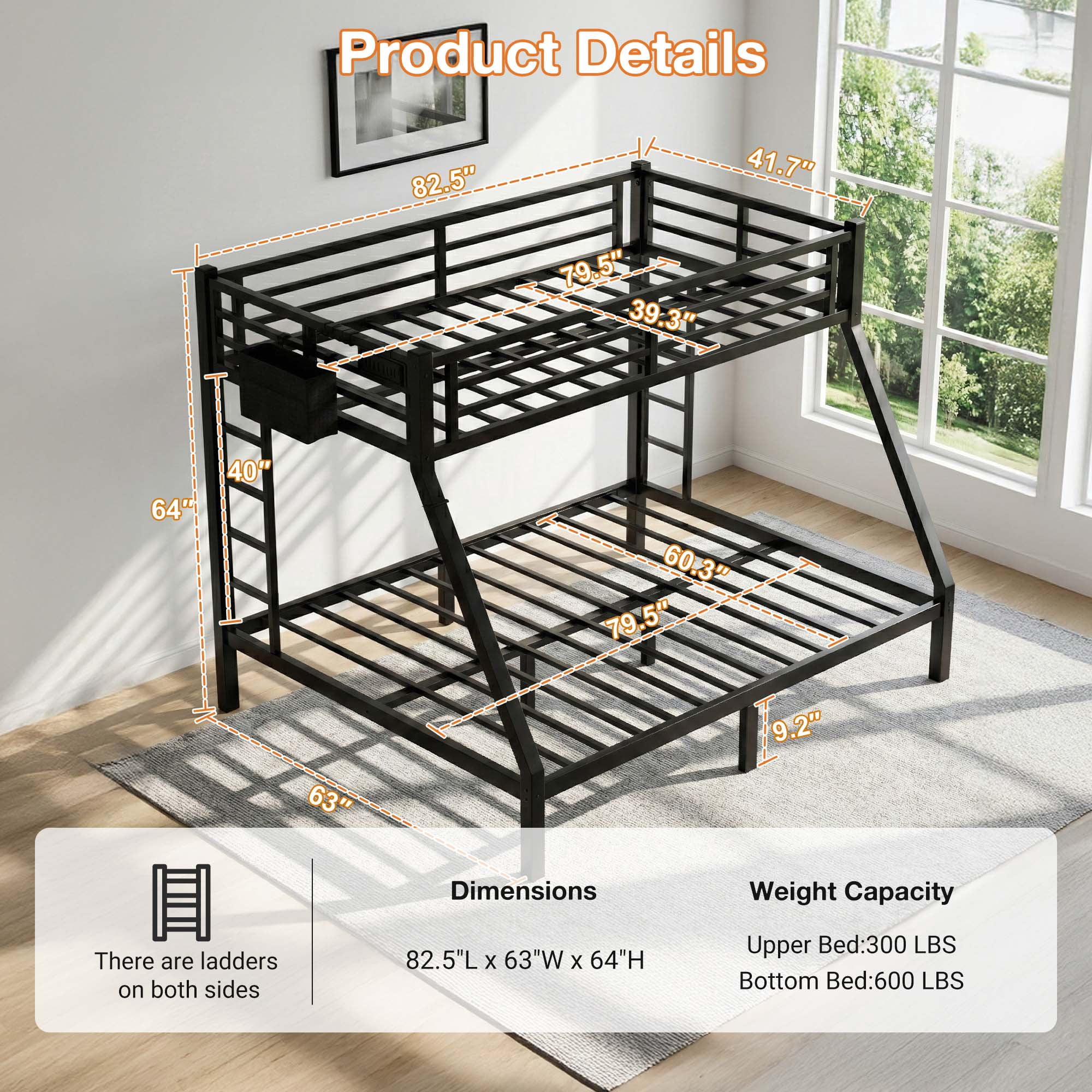Twin XL Over Queen Metal Bunk Bed Frame with Charging Station, Storage Bag for Adult Bunk Bed, Black