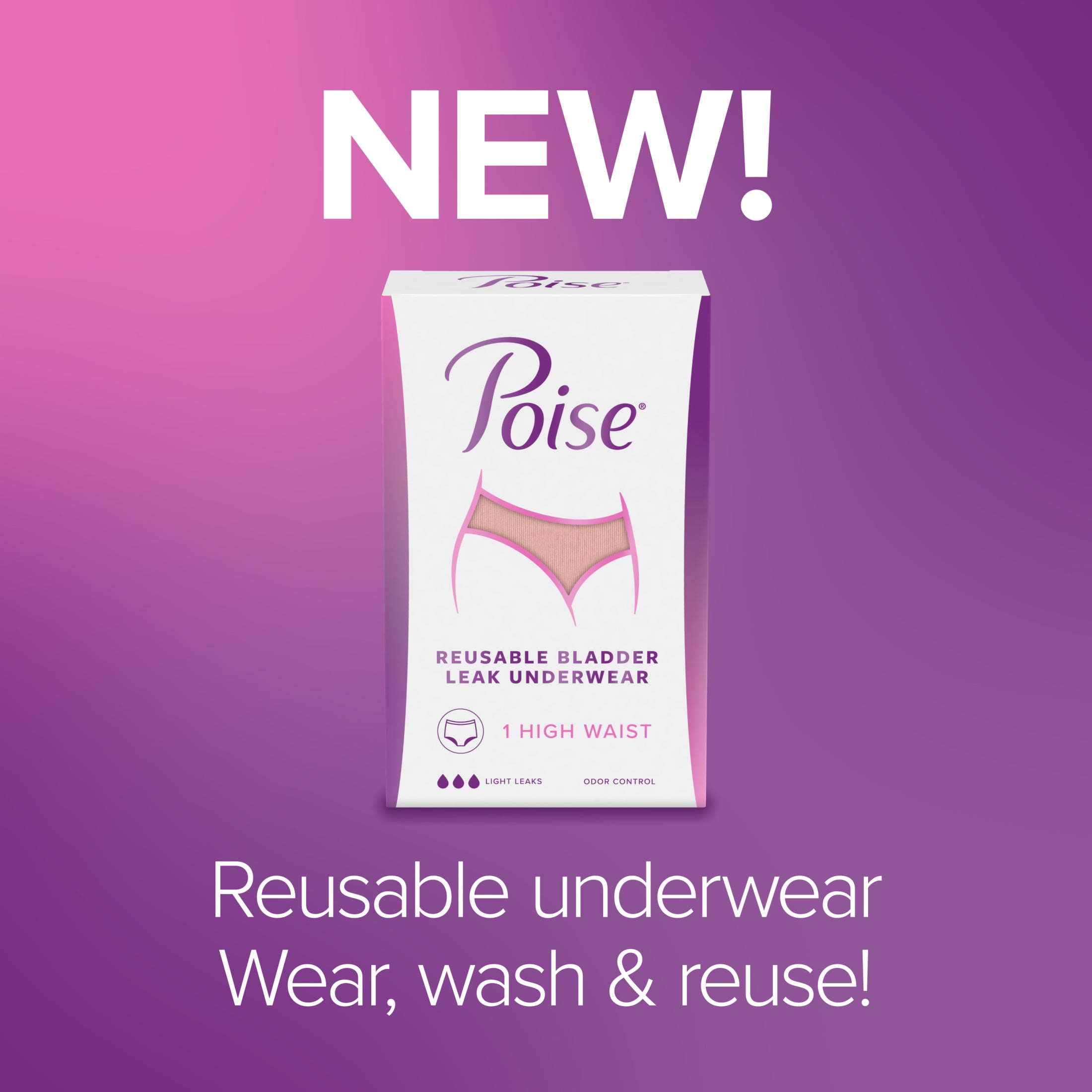 Poise Washable Adult Incontinence Underwear for Women, Reusable, Light Absorbency, Large, High Waist, Pink, 1 Count