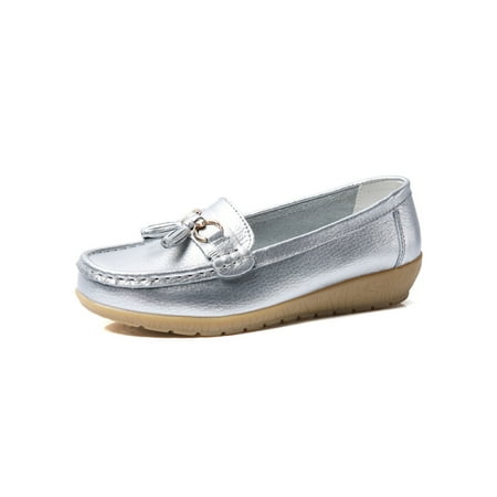 

SIMANLAN Women Leather Slip On Moccasin Loafer Comfort Soft Work Flats Ladies Casual Shoes Silver 6