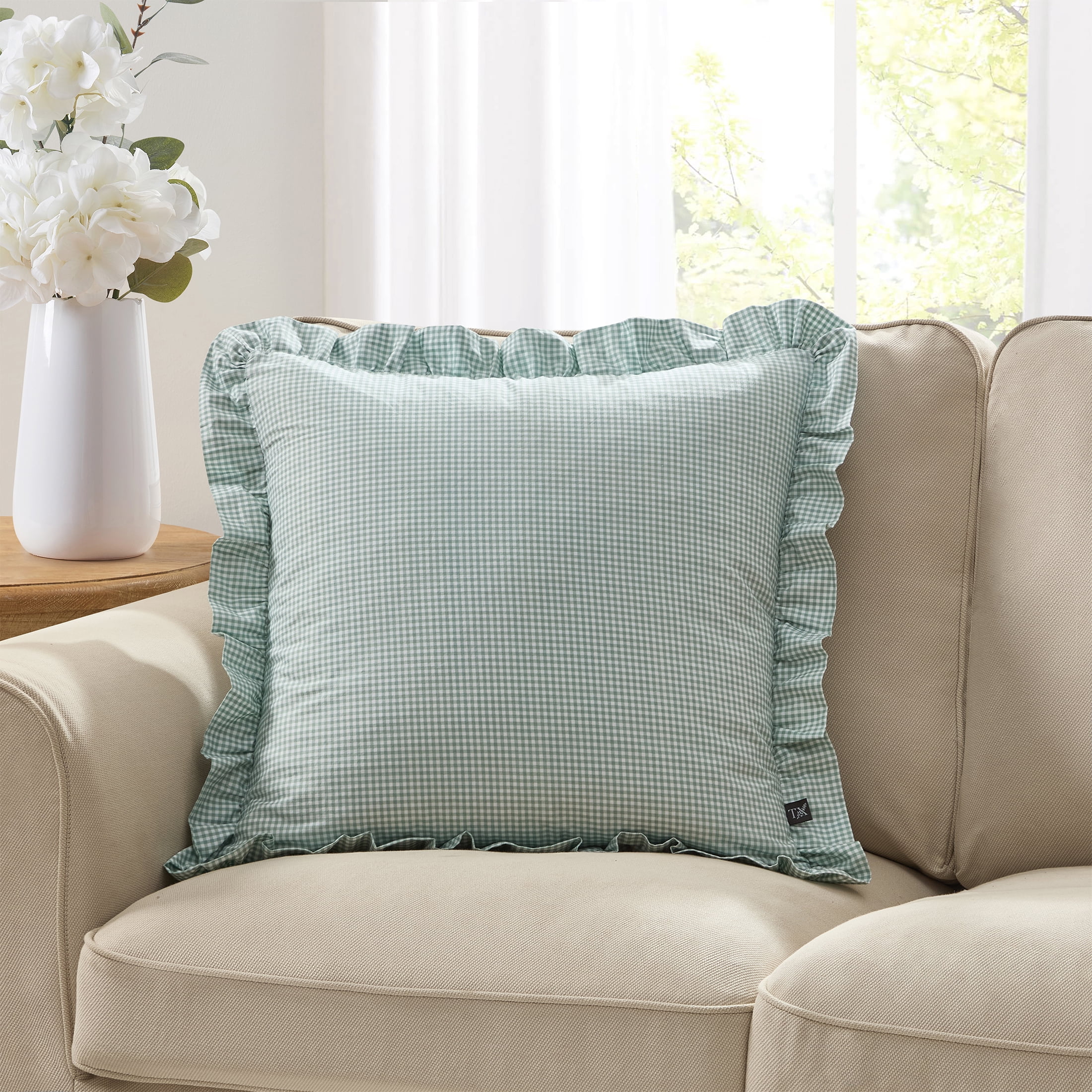 My Texas House 20" x 20" Green Micro Gingham Ruffle Decorative Pillow Cover