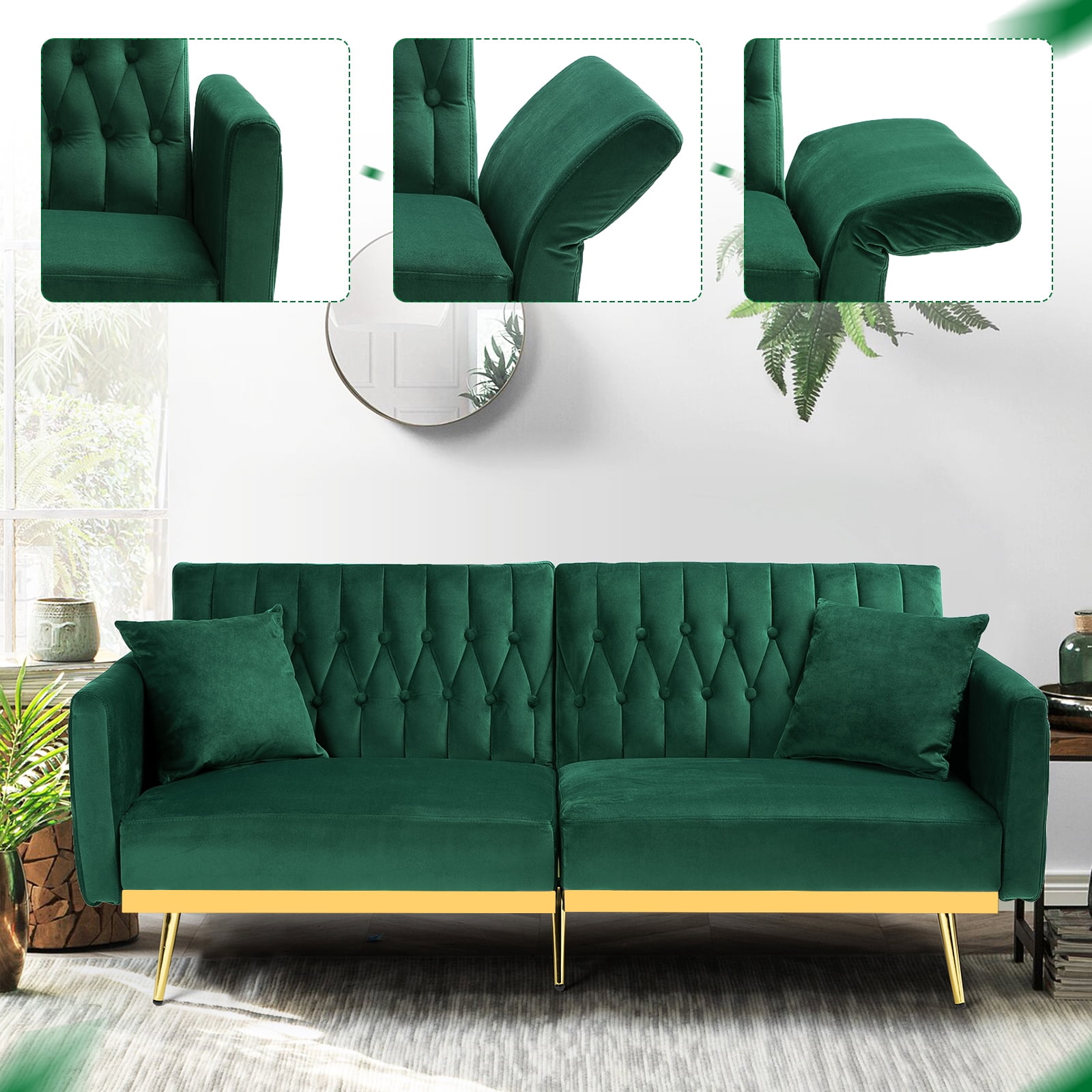 ACMEASE 70” Tufted Velvet Futon Sofa Bed with Armrests, 2