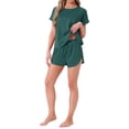thumbnail image 2 of INSPIRAR CHIC Conjunto de Pijama de Satén de Mujer, Top de Cuello Redondo de Manga Corta con Bolsillo Frontal y Pantalones Cortos con Cuerda de Ajuste, Ropa de Dormir L Verde Oscuro, 2 of 5