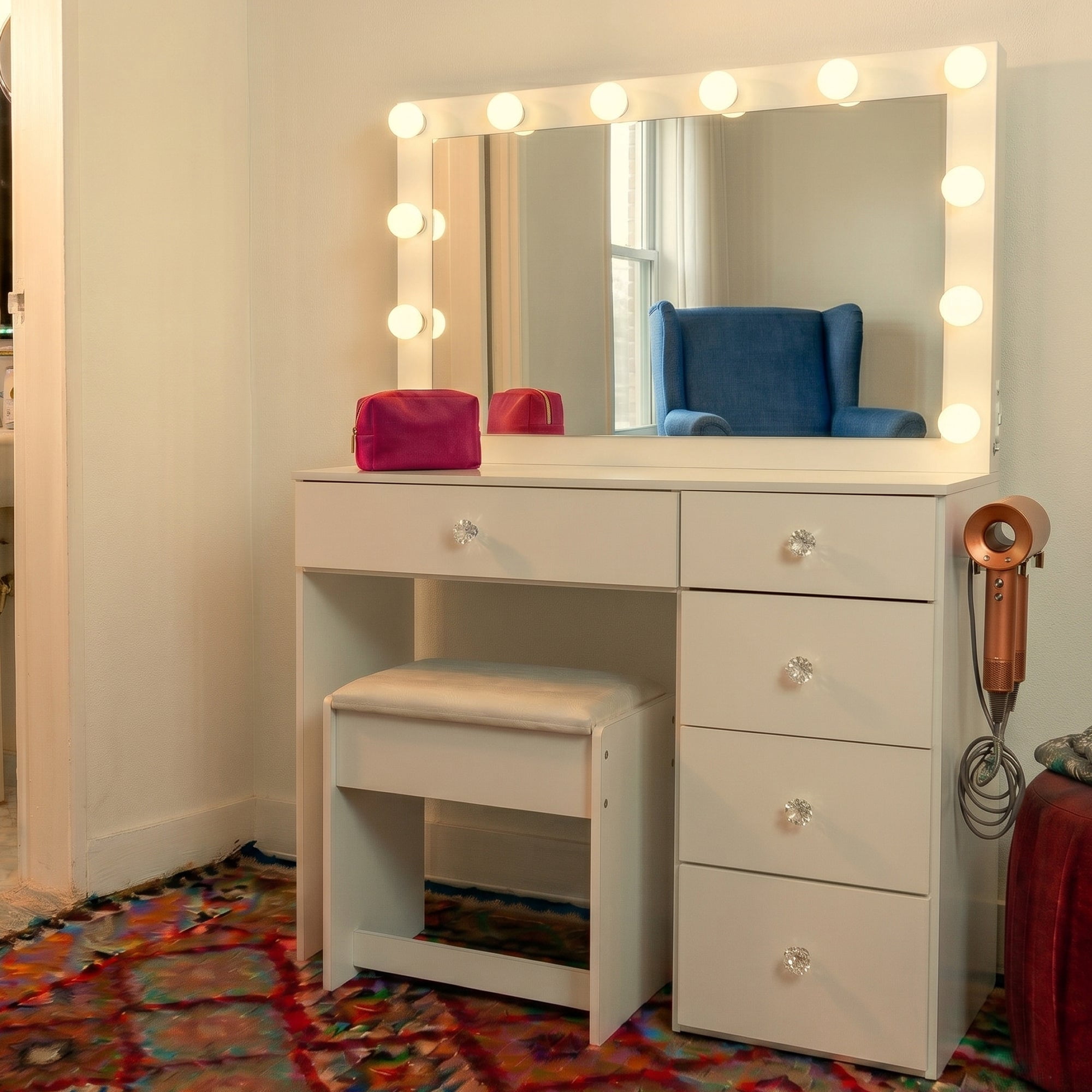 Ember Interiors Nadia Makeup Vanity Desk with 12 LED Lights, 5 Drawers, USB Charging Station, and Stool, White