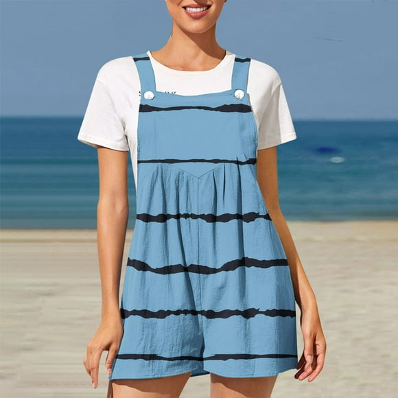 Baikeli Women's Rompers Clearance Fashion Women Casual Prinded Shoulder Button Suspender Jumpsuits Wide Pocket Leg Pant Summer Overalls for Women