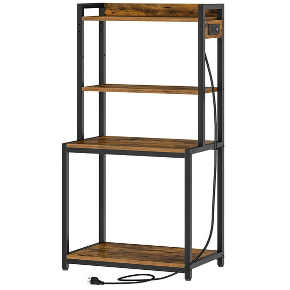 Printer Stand with Charging Station, 4-Tier Printer Table with Storage, Large Tall Printer Shelf, for Home Office, Kitchen, Living Room, Black and Rustic Brown BF13UPS01