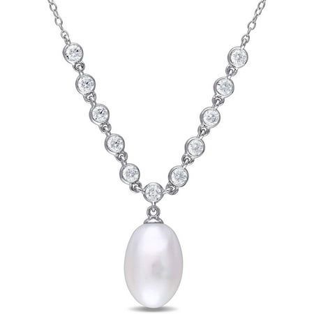 Miabella 9-9.5mm White Rice Freshwater Cultured Pearl with 1-1/5 Carat T.G.W. CZ Sterling Silver Multi-Circle Necklace, 17