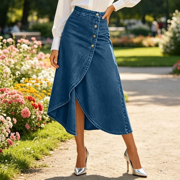 Women's Asymmetrical Wrap Hem A-Line Denim Skirt Stretch High Waist Elegant Swing Business Casual Jean Skirts, S