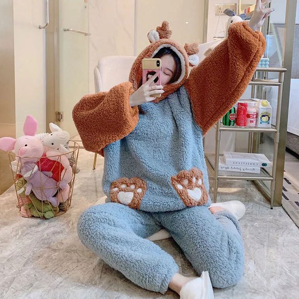 Pijamas con capucha para Mujer, ropa de dormir de dibujos animados, albornoz de lana Coral, conjunto de ropa de casa gruesa de invierno, regalo de Navidad