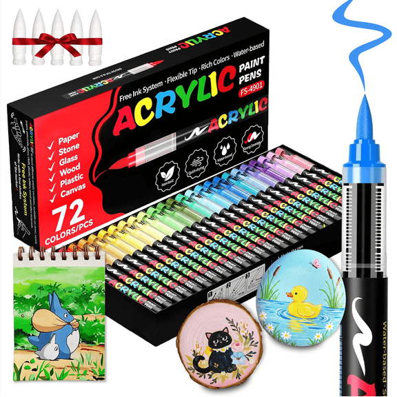 COORIART 72 Colors Acrylic Paint Markers, Soft Brush Tip Pens, Automatic Ink Control No Bleed Markers Set for Wood, Stone, Canvas, Glass, Fabric, Egg, Rock Painting and DIY