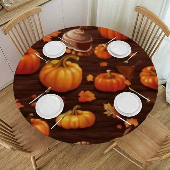 Thanksgiving Fall Mushroom Pumpkins Round Tablecloth with Elastic Edge Fitted Table Cover Outdoor Tablecloth