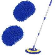Carcarez 2 in 1 Microfiber Car Wash Mop Mitt Cleaning Brush Kit with 45" Extensible Aluminum Alloy Handle and 2 × Mop Heads for Car,Truck,RV and Trailer (Blue)