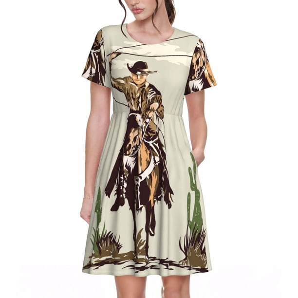 Easygdp Vintage Cowboy Riding Horse para Vestido Transpirable de Mujer, Vestido Suelto de Manga Corta con Pliegues y Bolsillos para el Verano