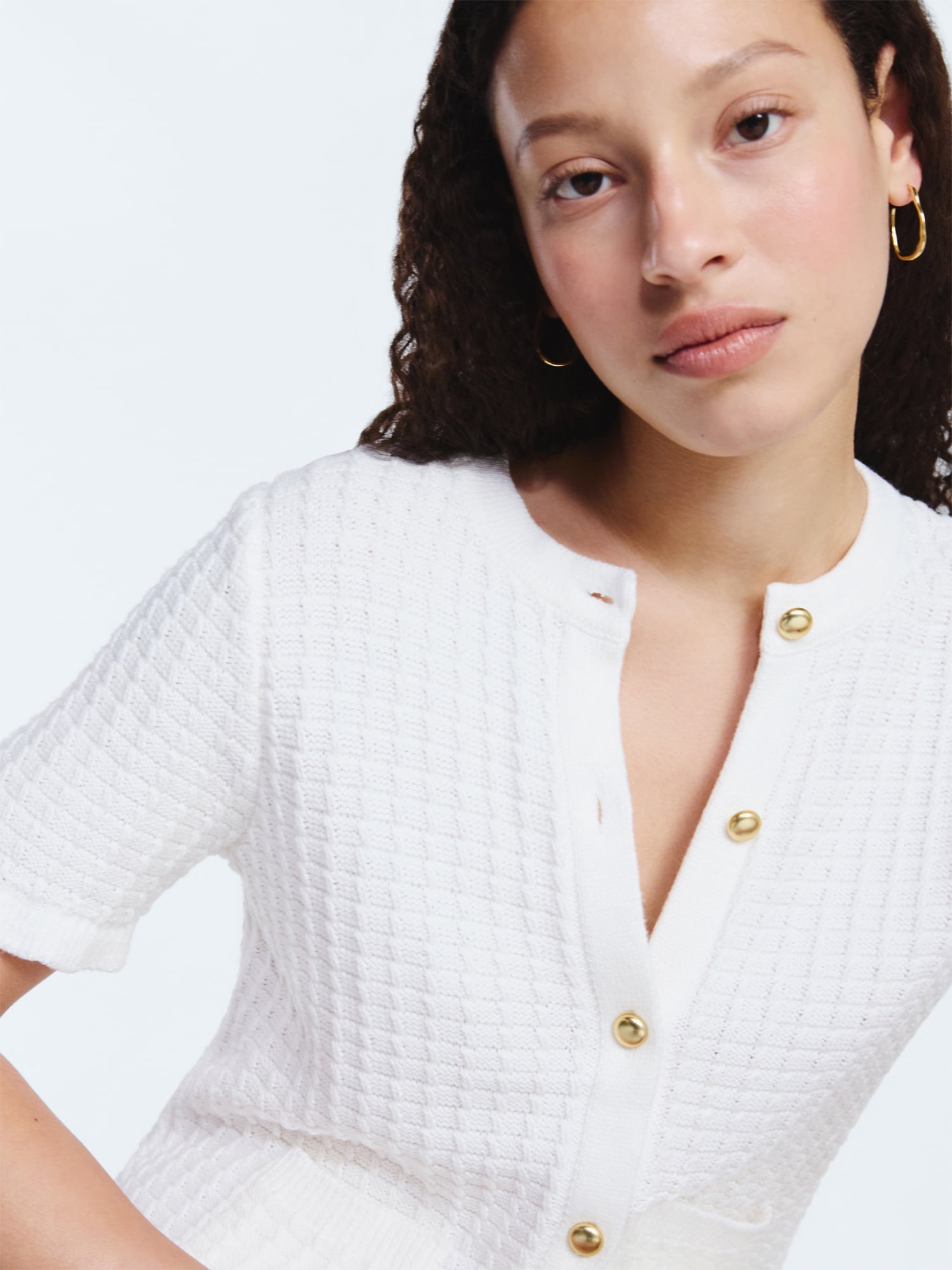 Free Assembly Women's Cotton Basketweave Cardigan Sweater with Short Ruffle Sleeves, Lightweight, Sizes XS-XXL