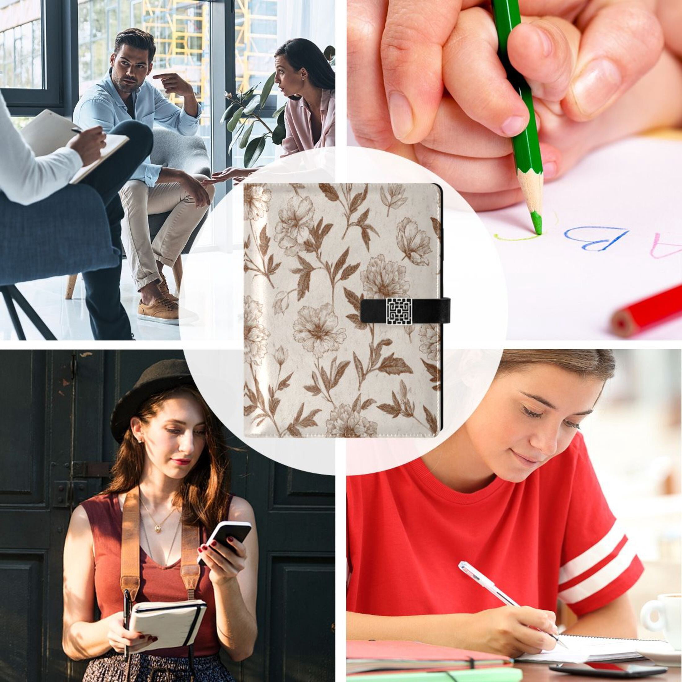 Leather Planner Leather Notebook Notebook Journal Binder Design Pen Pocket Design Convenient for Storage Vintage Brown Hand Drawn Flora