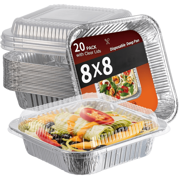 8x8 Aluminum Pans with Clear Lids - 20 Pack Disposable Baking Pans, Heavy Duty Tin Foil Trays for Cake Baking, Cooking, Heating, Storing, Prepping Food