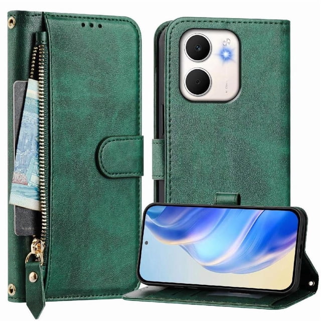 FOXDOCK Funda Tipo Cartera para Tecno Pop 10 Cuero PU con Cremallera y Correa de Muñeca, Ranuras para Tarjetas, Soporte Plegable, Cierre Magnético